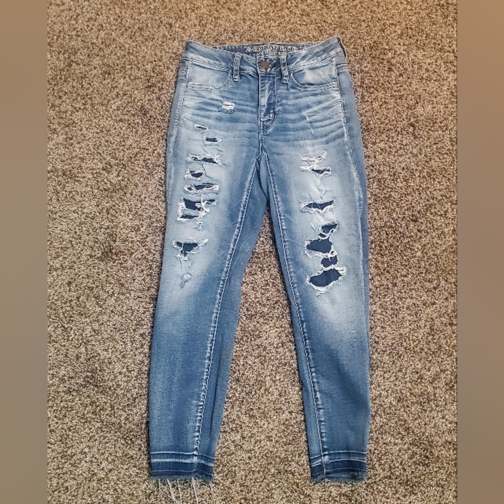American Eagle Super Stretch HI-Rise Crop Distressed Jeggings Jeans Size 0 Long